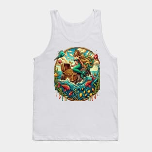 Mermaid sitting on a rock with a open treasured Tank Top